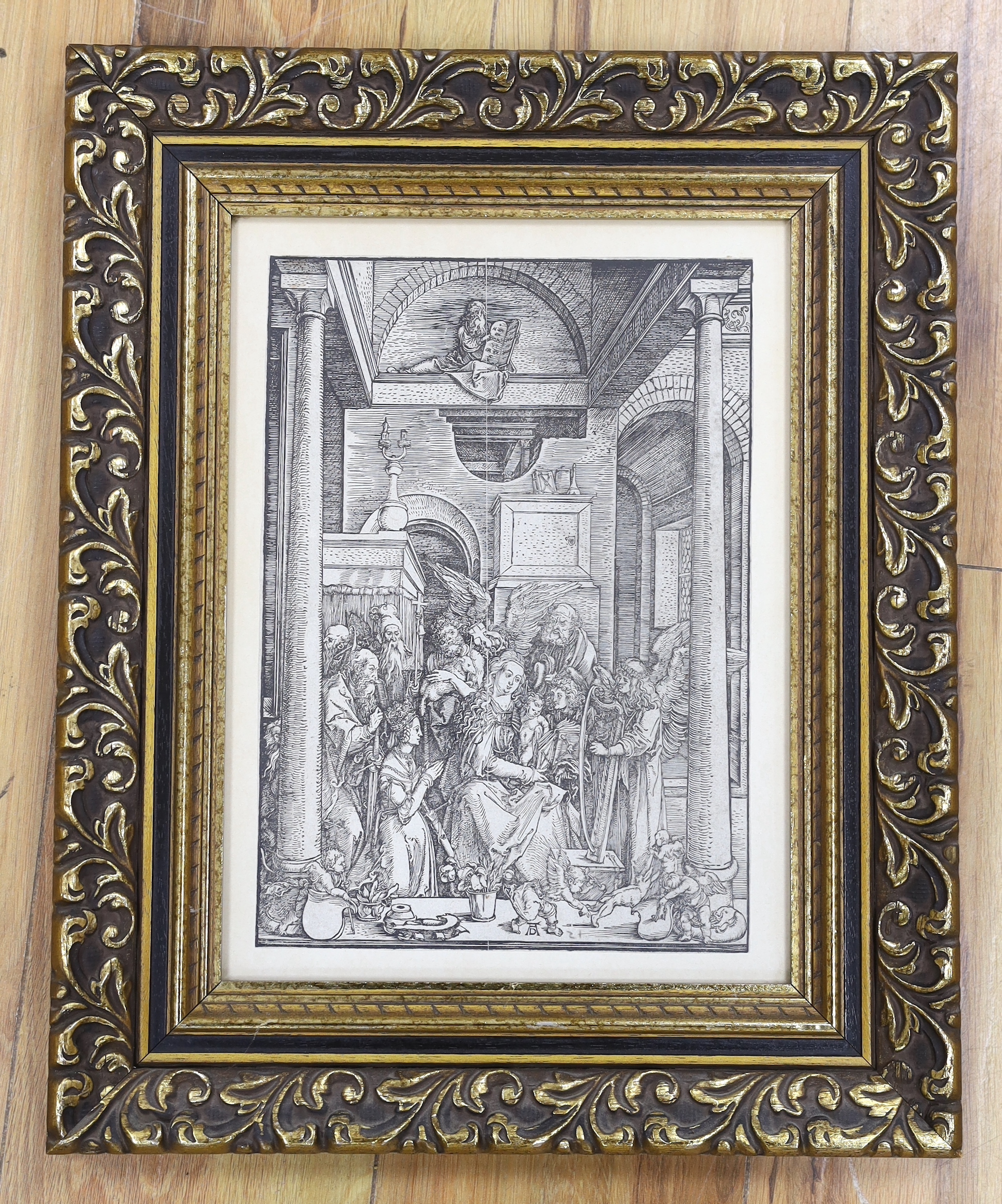 After Albrecht Durer (German, 1471-1528) woodcut, possibly 18th century, ‘The Virgin in Glory', details verso, 30 x 21cm